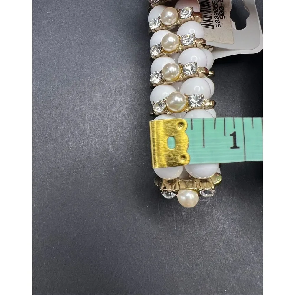 New! Golden Stella White Bead Faux Pearl Rhinestone Stretch Bracelet